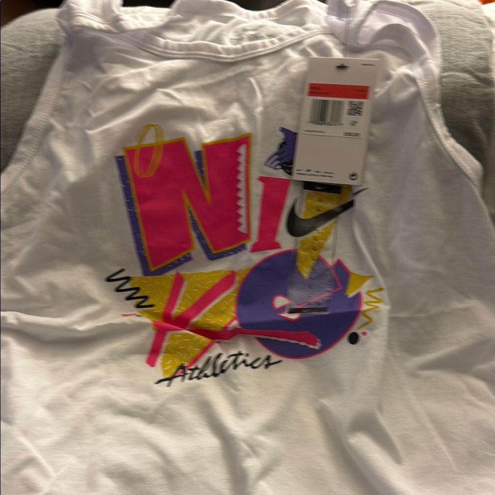 Nike Kids White and Pink Graphic Tank Top